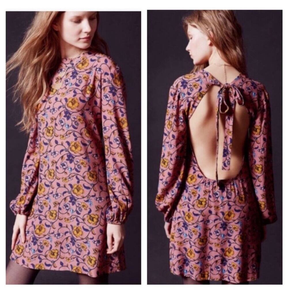 For Love And Lemons Pink Floral Mini Dress Size XS Open Back Long Sleeve Boho